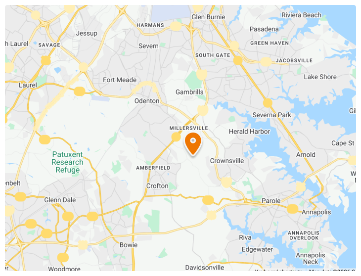 A map showing Millersville, Maryland and surrounding areas, with an orange location marker placed near Millersville.